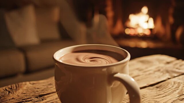 Steaming mug of hot cocoa with a central swirl on a rustic wooden table with a soft-focus warm fireplace in the background.
