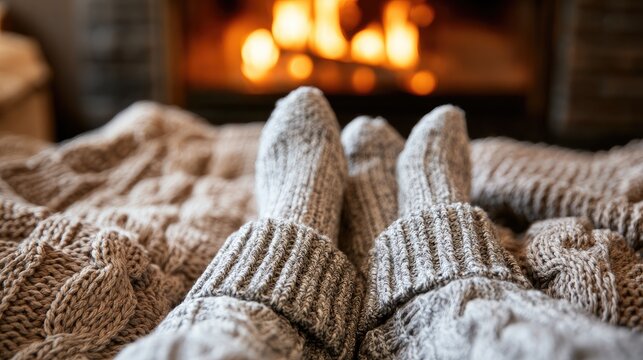 Cozy feet in warm socks by a glowing fireplace, wrapped in blankets