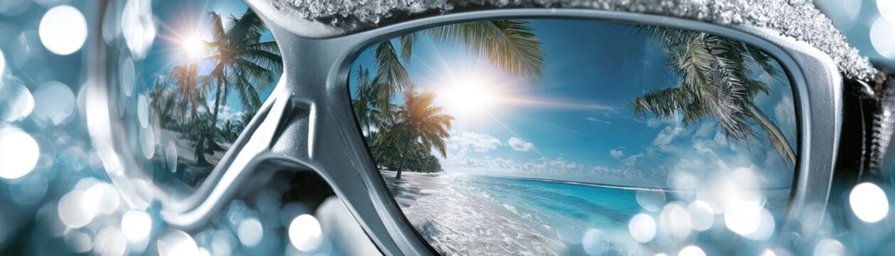 Reflection of a tropical beach with palm trees and bright sun in ski goggles