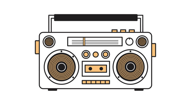 Vintage style illustration of a classic boombox radio in white and orange colors with intricate details on buttons and speakers for a retro look.