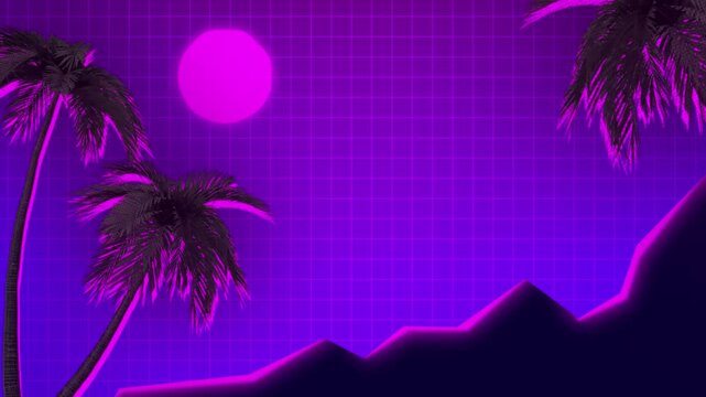 Neon Purple Retrofuturistic Landscape with Palm Trees and Sun