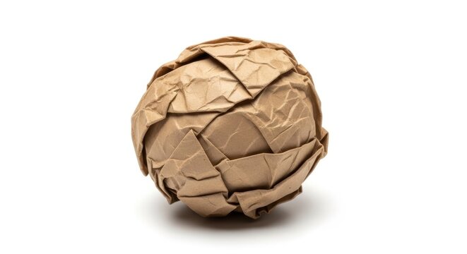 A single brown crumpled paper ball with rich textures and folds, isolated on a white background with subtle shadows for easy clipping paths, craft, wrinkled, trash