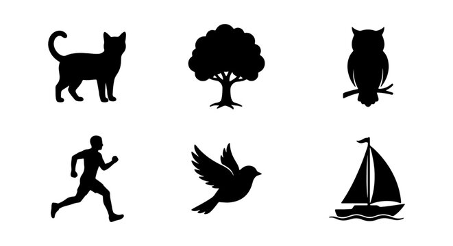 Black Silhouette Icons: Cat, Tree, Owl, Runner, Bird, Sailboat. Simple Vector Graphics.