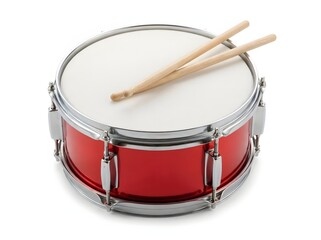 Obraz premium Red Marching Snare Drum with Wooden Drumsticks Isolated on White Background
