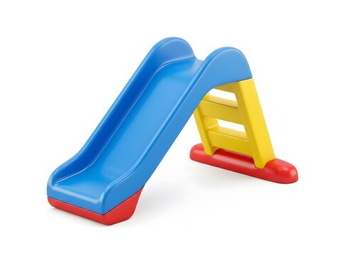 Bright Blue and Yellow Plastic Toy Slide for Toddlers on White Background