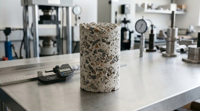 A concrete cylinder sample stands upright on a steel table next to a digital caliper in a testing laboratory. materials testing, civil engineering, construction quality.