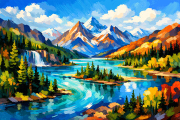 Obraz premium Vibrant Impressionist Landscape Painting of a Serene Mountain Lake with a Waterfall and Autumn Foliage.