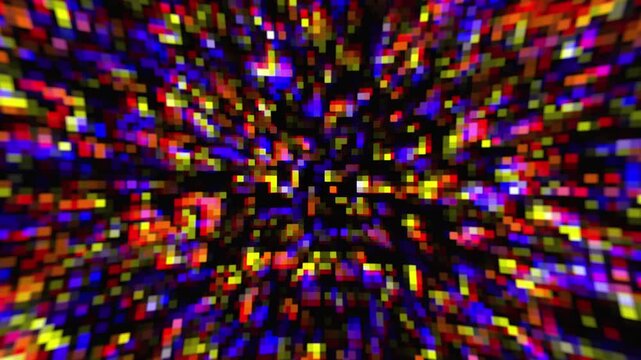 Abstract colorful pixelated background with vibrant digital noise and glitch effect featuring glowing square particles moving in a radial pattern for modern technology projects