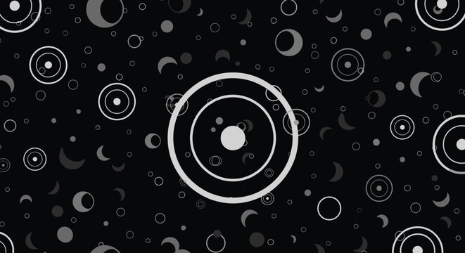 Monochrome abstract pattern of concentric circles, dots, and crescent shapes on a black background resembling a stylized star field or orbit map.