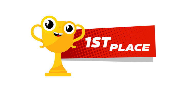 1st place red banner with cute smiling trophy character