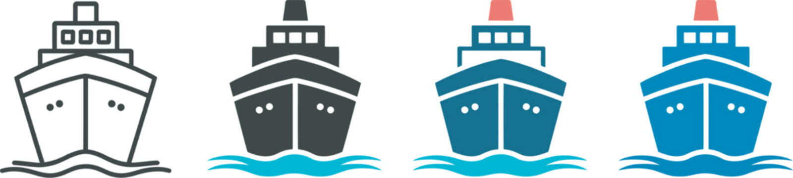 Ship and waves icon set featuring commercial shipping vessel and ocean logistics symbols isolated vector pack for freight services, port operations, marine navigation and international shipping 