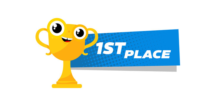1st place blue banner with cute smiling trophy character