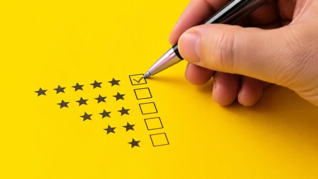 Hand marking checkbox on yellow paper for five star survey.