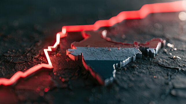 Metallic country map with a red downward trend line