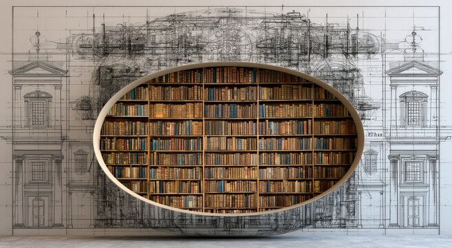 Oval portal reveals densely packed bookshelves against an architectural sketch