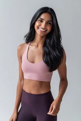 Fototapeta premium Young woman smiling and standing in studio portrait setting