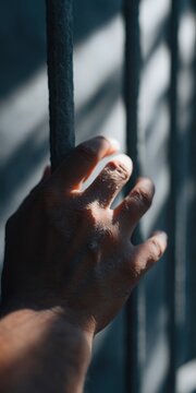 Hand gripping metal bars, light casting shadows in cell