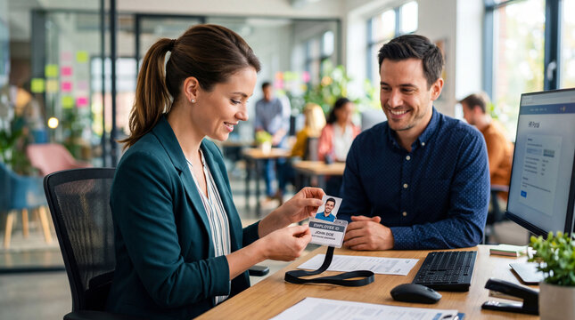 HR officer woman giving employee identification card to man in modern office. Onboarding process, staff management and career development concept on HR Officer Day. Professional hiring