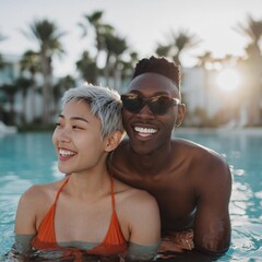 Obraz premium Young interracial couple laughing in resort pool at sunset