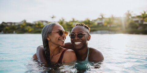 Obraz premium Intergenerational couple embracing in pool at resort sunset