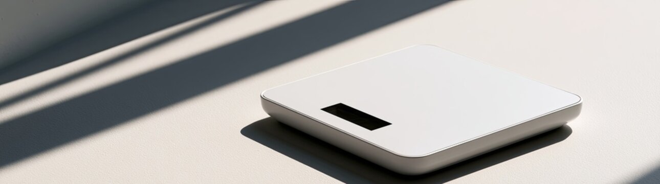 Minimalist white scale on a light surface with dramatic shadow patterns
