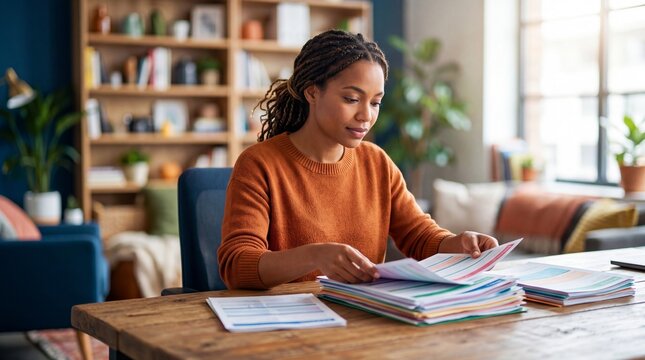 African american woman human resources manager reviewing employee documents at office desk. Hr officer day celebration. Professional recruitment and personnel management business concept