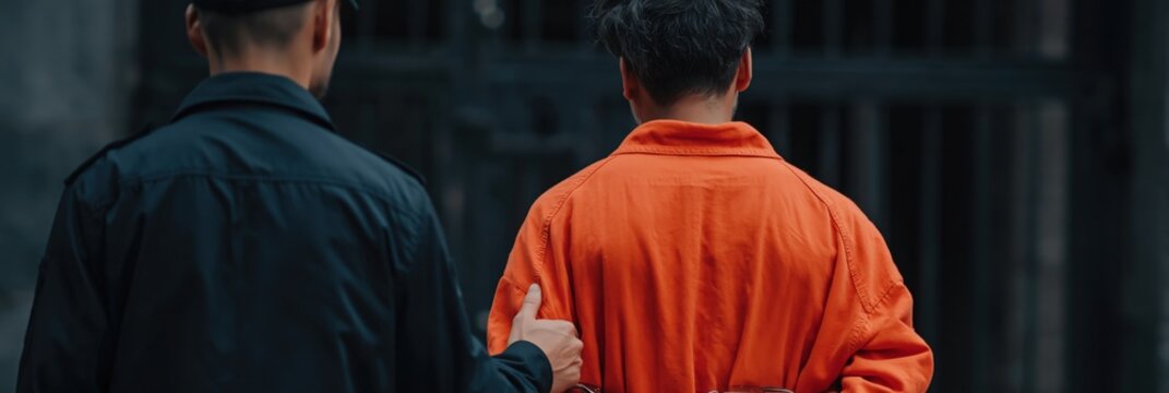 Inmate escorted by guard inside prison corridor near gate