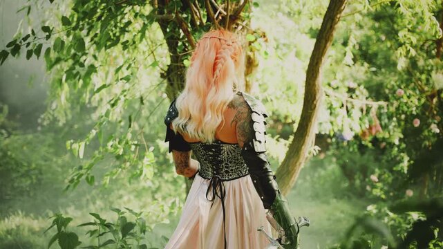 Fantasy style woman knight in metal iron armor beauty strong lady blonde hair back rear view. silhouette queen warrior holding sword walking in green forest garden trees. Fairytale elf girl princess