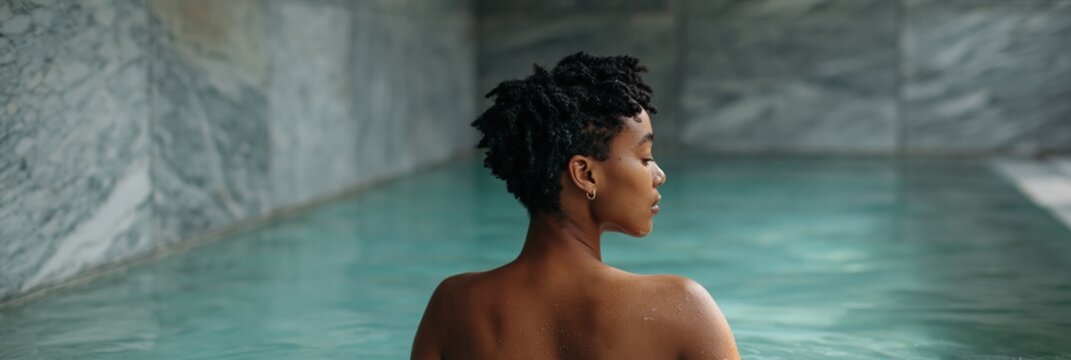 Woman relaxing in shallow indoor pool with marble walls