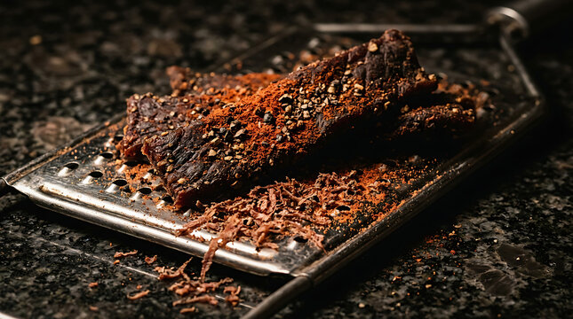 Savory beef jerky seasoned with spices piled on a grater with shavings