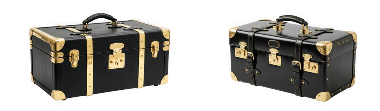 Vintage style small black travel trunk with gold latches isolated on transparent background