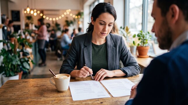 Woman hr manager interviewing man job candidate in cafe. Professional business meeting with resume review. Hiring process and career recruitment for corporate recruiting and hr officer day