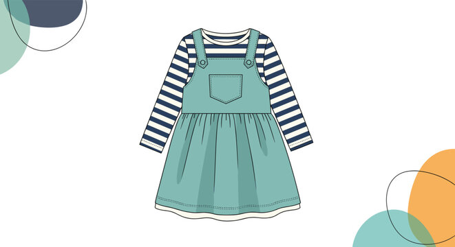 Child's outfit consists of a light blue pinafore dress worn over a navy and white striped long-sleeve shirt for a classic and cute look.