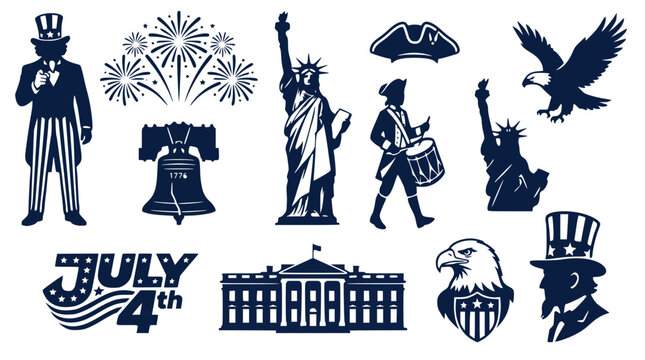 Silhouette of USA Independence Day patriotic elements icon set for poster and merchandise design