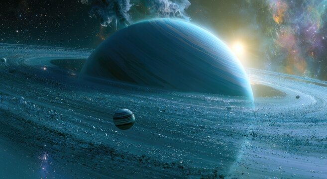 Swirling blue gas giant with luminous rings and a distant sun