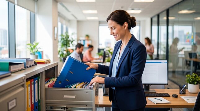Woman HR officer searching for document in filing cabinet in modern office. Human resource manager organizing files and employee records. Professional business environment during HR Officer Day