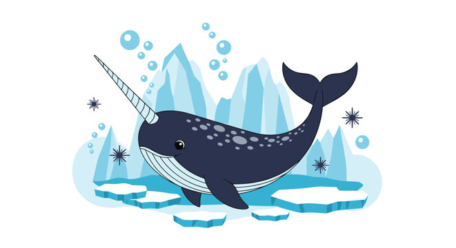 Cute cartoon narwhal swimming in front of blue icebergs with bubbles and snowflakes in a charming underwater arctic scene.