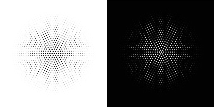 Halftone Circular Dot Pattern. Circle Frame using Halftone Dots Raster Texture. Polka Dots. Spiral logo Icon. Radial design element. Vector Illustration.