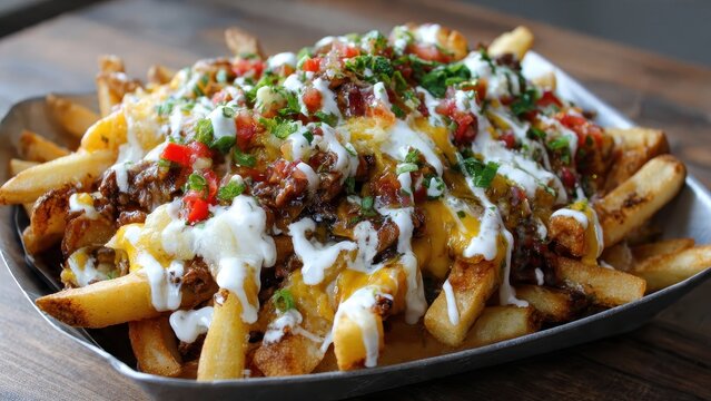 Gourmet Loaded Carne Asada Fries with Melted Cheddar Cheese Sour Cream Drizzle Pico de Gallo and Green Onions Served as a Delicious Hearty Appetizer Plate or Main Dish