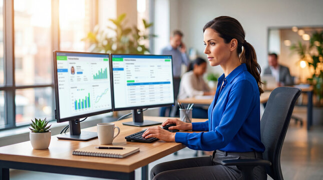 Woman HR manager working at desk with dual computer monitors showing employee analytics. Concept of professional human resource management, corporate data analysis and workforce planning