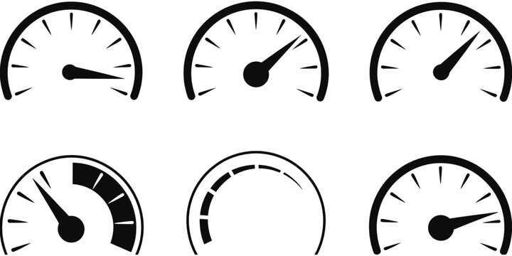 Speedometer Gauge icon set with Performance Meter Indicators and Dashboard Measurement symbols Minimalist vector illustration.
