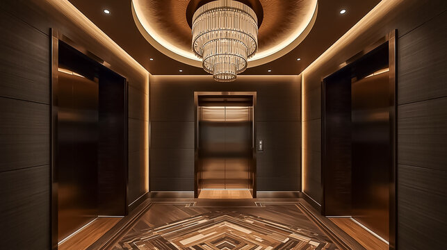 Luxury elevator lobby featuring modern crystal chandelier opulent bronze doors in high-end hotel or corporate office building with elegant wood parquet flooring and warm sophisticated ambient