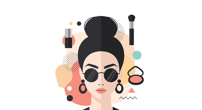 Modern artistic portrait of a woman features abstract geometric shapes and makeup elements creating a bold and trendy fashion statement.