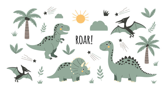 Fun prehistoric collection features various dinosaurs like T-Rex and Triceratops along with palm trees and shooting stars in pastel colors.