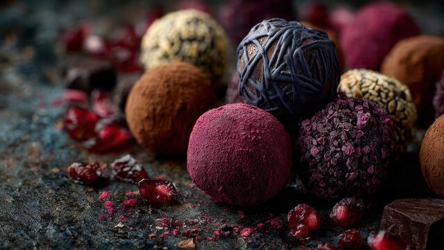 Luxury Artisanal Chocolate Truffles and Gourmet Pralines with Pomegranate Seeds on Dark Rustic Stone Table, Premium Handmade Confectionery for Holiday Gifting.