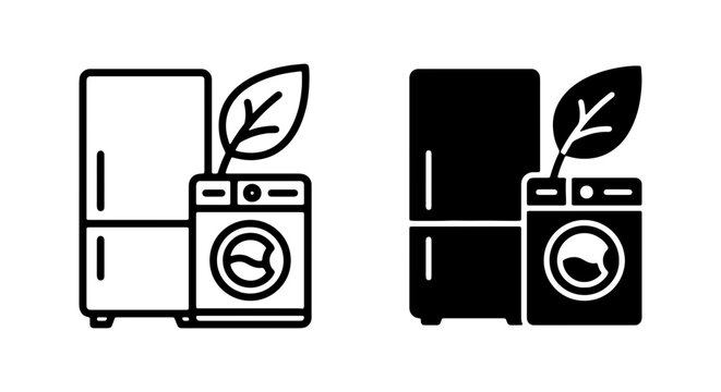 Eco-friendly Appliances Icons: Refrigerator, Washing Machine, Leaf Symbol, Vector Set