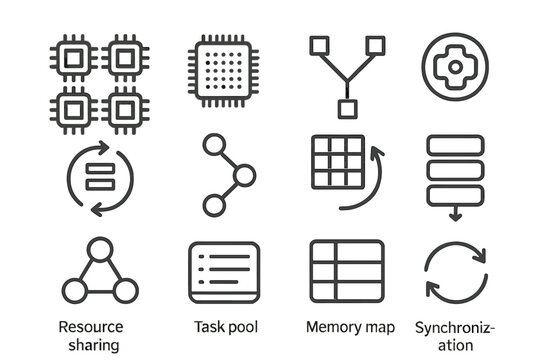 Computer resource sharing and synchronization icons on metallic background