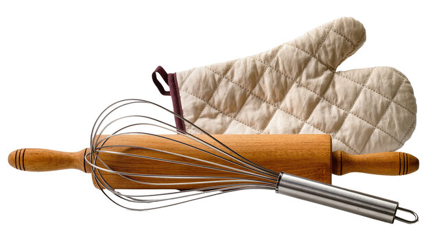 Wooden rolling pin and whisk with quilted oven mitt