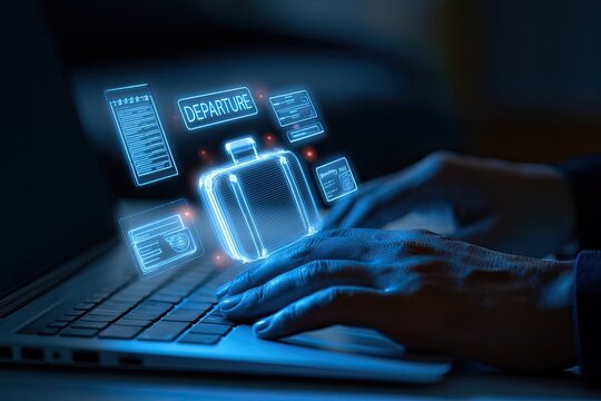 Digital luggage and travel booking interfaces glow above a laptop