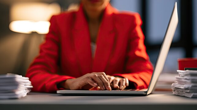 Woman in red blazer typing on laptop, desk with papers